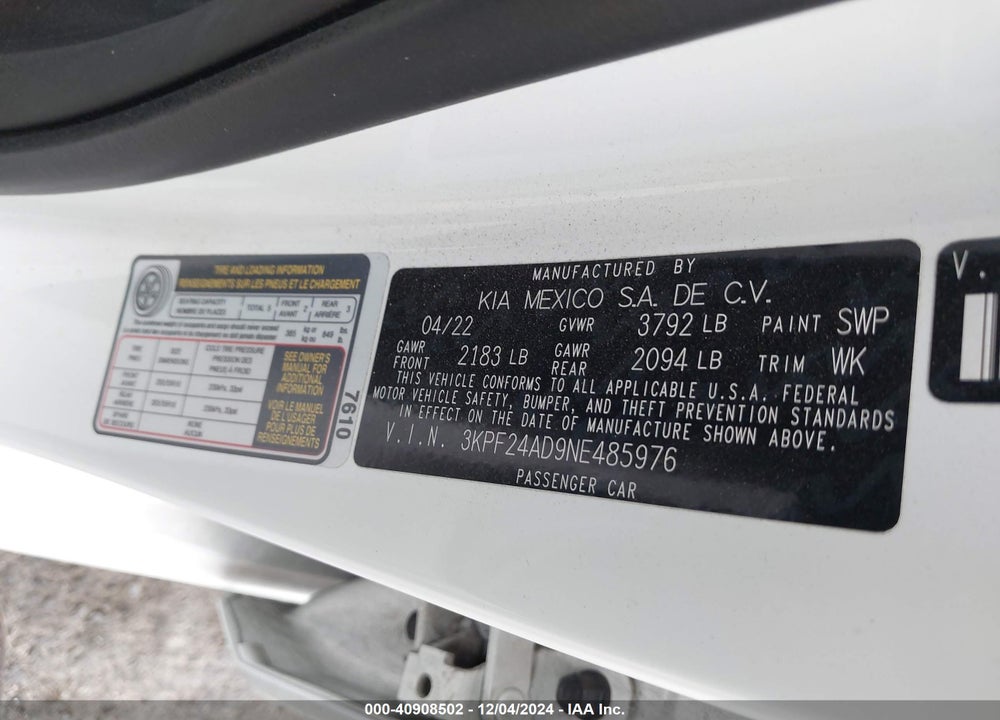 2022 KIA FORTE LXS VIN: 3KPF24AD9NE485976