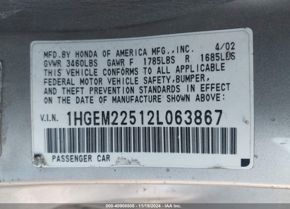 2002 HONDA CIVIC LX VIN: 1HGEM22512L063867