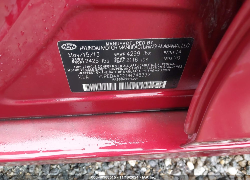 2013 HYUNDAI SONATA GLS VIN: 5NPEB4AC2DH748337