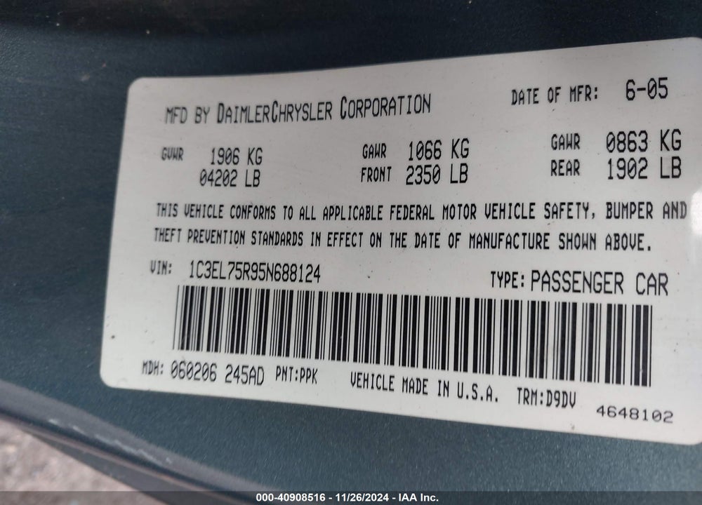 2005 CHRYSLER SEBRING GTC VIN: 1C3EL75R95N688124