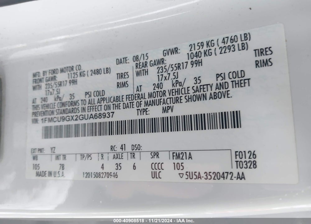 2016 FORD ESCAPE SE VIN: 1FMCU9GX2GUA68937