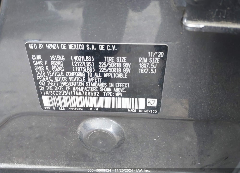 2021 HONDA HR-V 2WD SPORT VIN: 3CZRU5H17MM709592