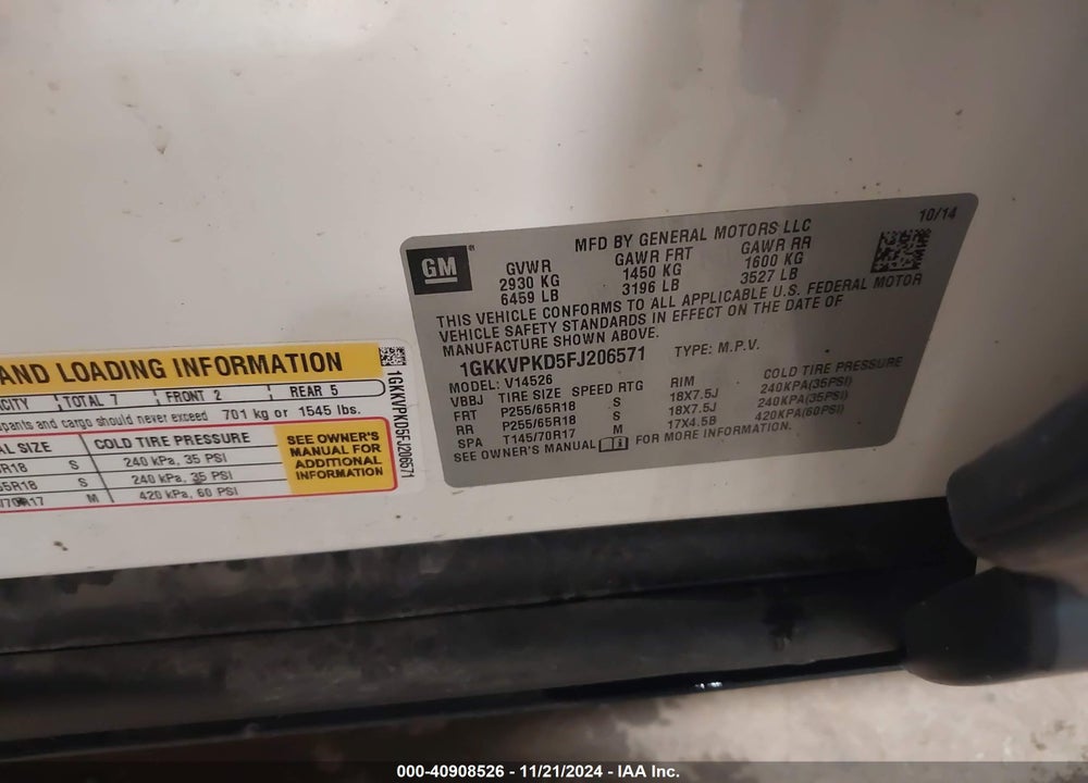 2015 GMC ACADIA SLE-2 VIN: 1GKKVPKD5FJ206571