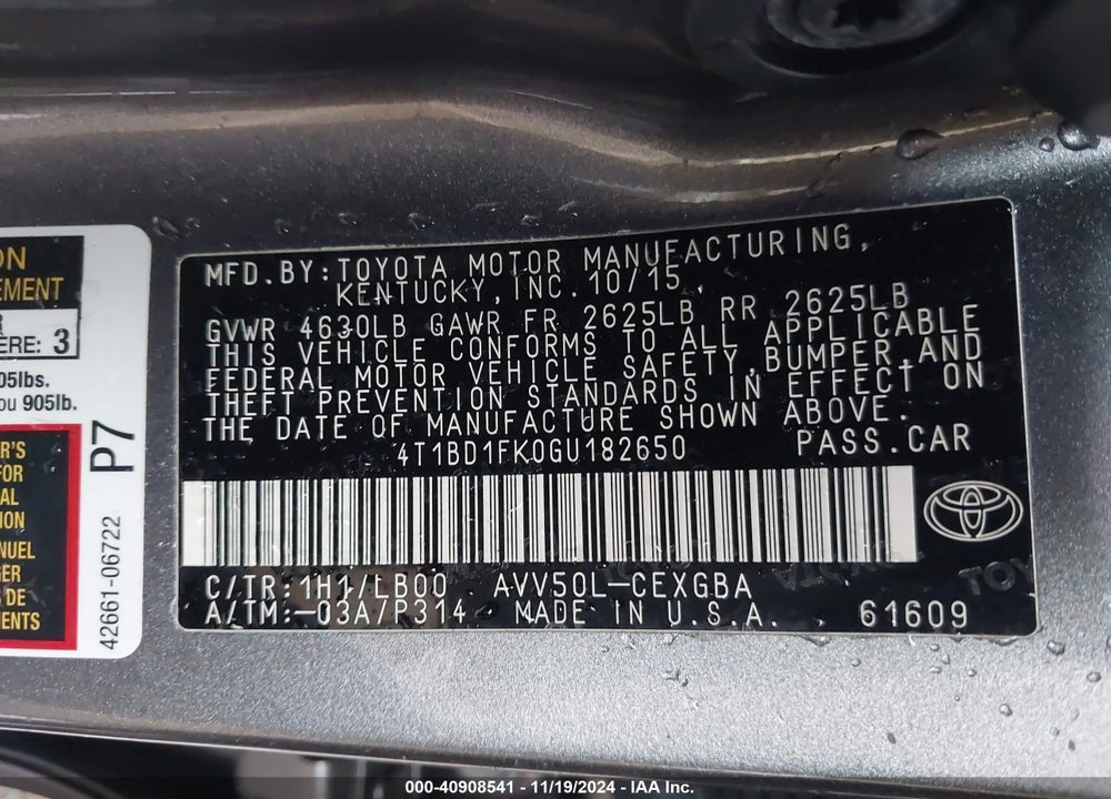 2016 TOYOTA CAMRY HYBRID XLE VIN: 4T1BD1FK0GU182650