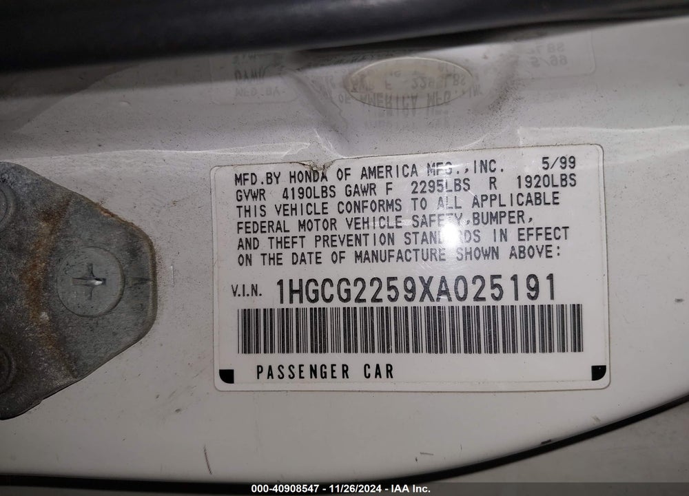 1999 HONDA ACCORD EX V6 VIN: 1HGCG2259XA025191