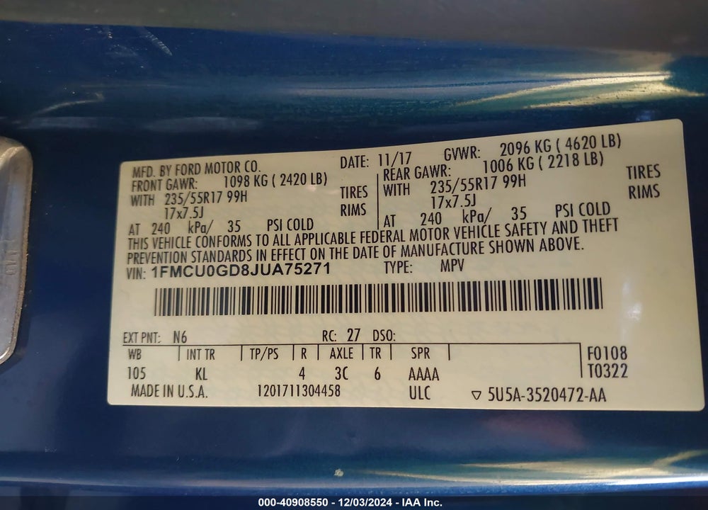 2018 FORD ESCAPE SE VIN: 1FMCU0GD8JUA75271
