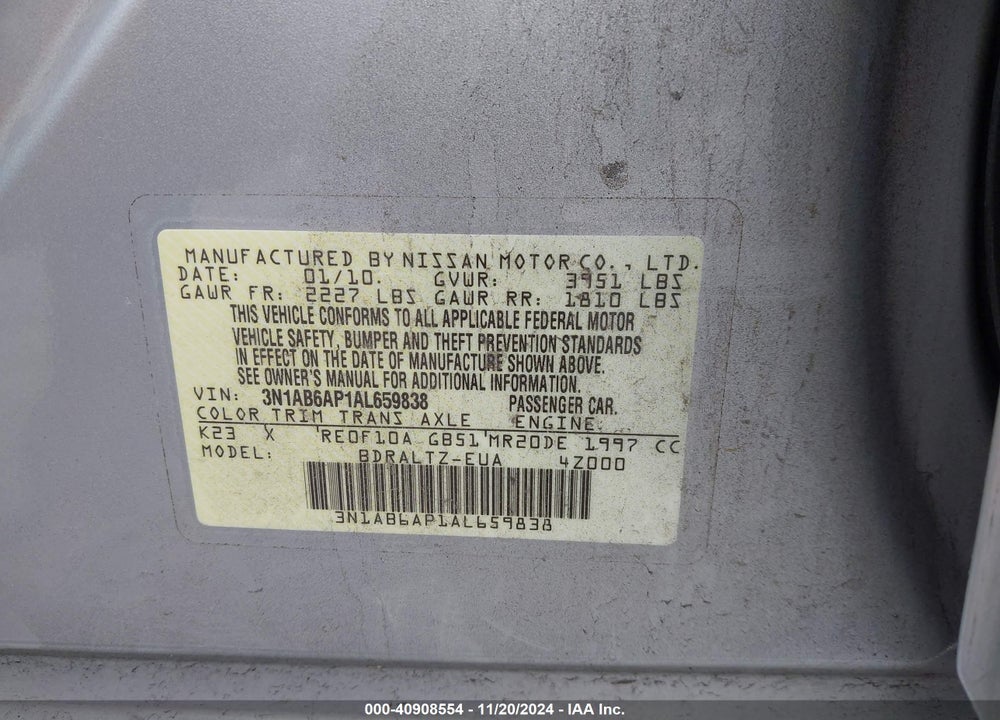 2010 NISSAN SENTRA 2.0SR VIN: 3N1AB6AP1AL659838