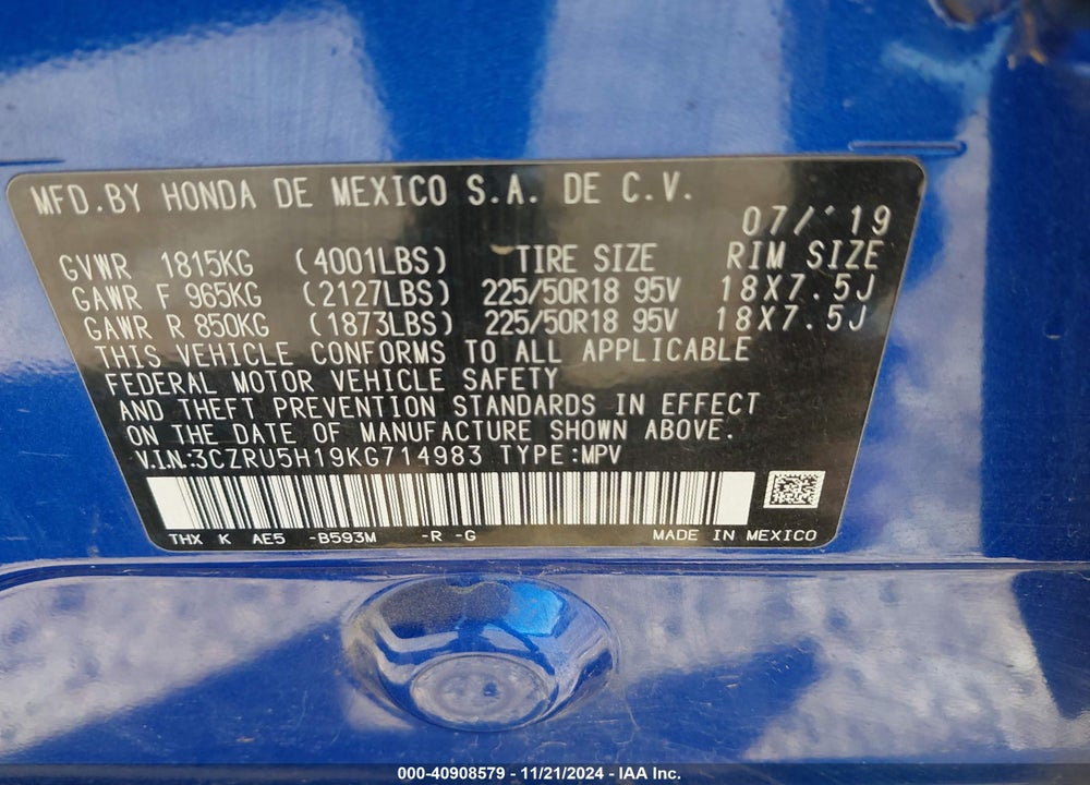 2019 HONDA HR-V SPORT VIN: 3CZRU5H19KG714983
