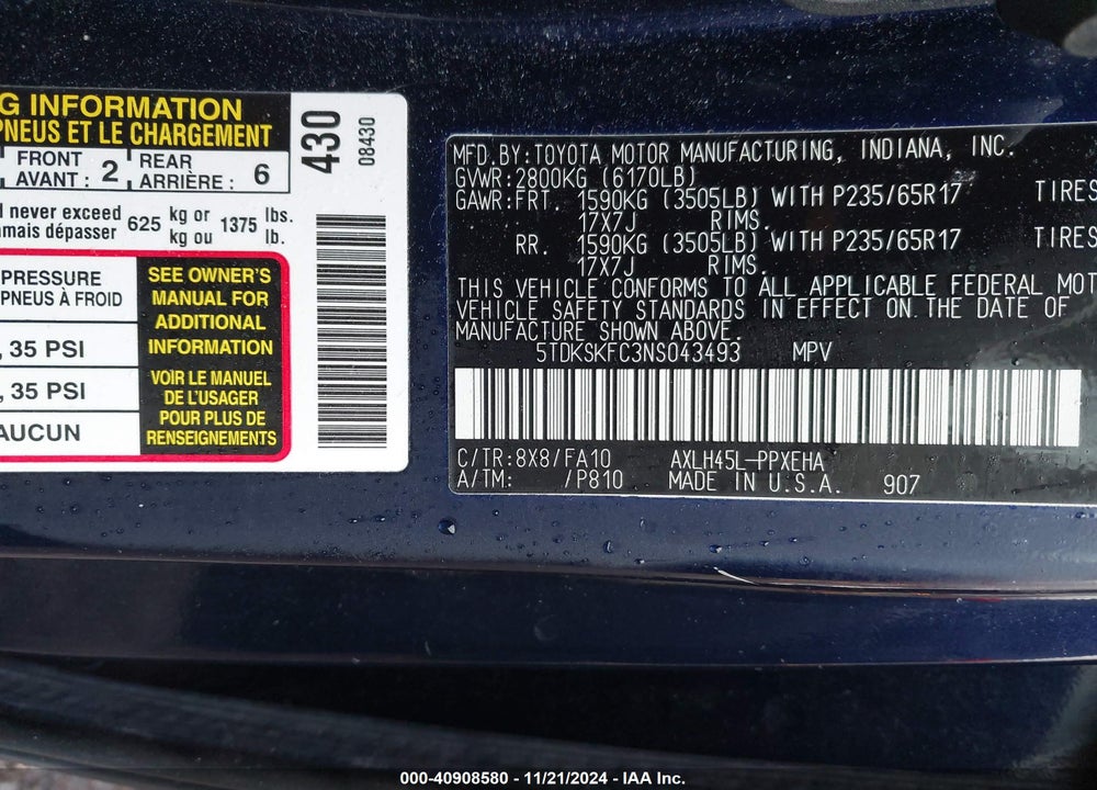 2022 TOYOTA SIENNA LE VIN: 5TDKSKFC3NS043493