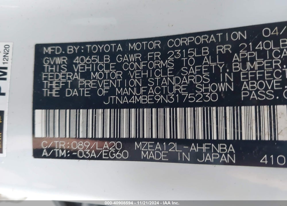 2022 TOYOTA COROLLA XSE VIN: JTNA4MBE9N3175230