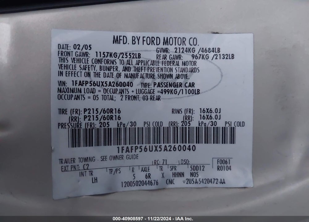 2005 FORD TAURUS SEL VIN: 1FAFP56UX5A260040