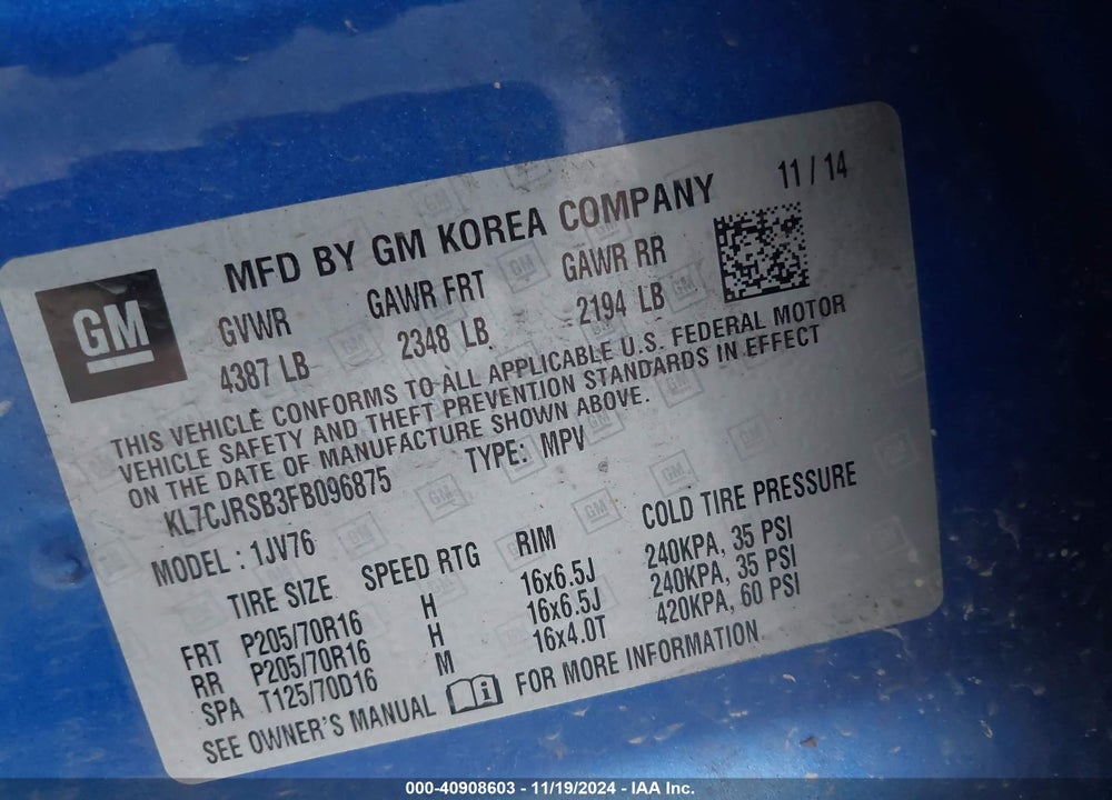 2015 CHEVROLET TRAX LT VIN: KL7CJRSB3FB096875