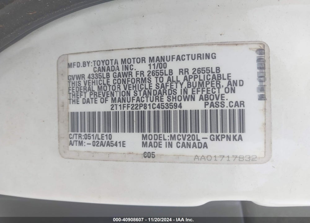 2001 TOYOTA CAMRY SOLARA SLE V6 VIN: 2T1FF22P81C453594