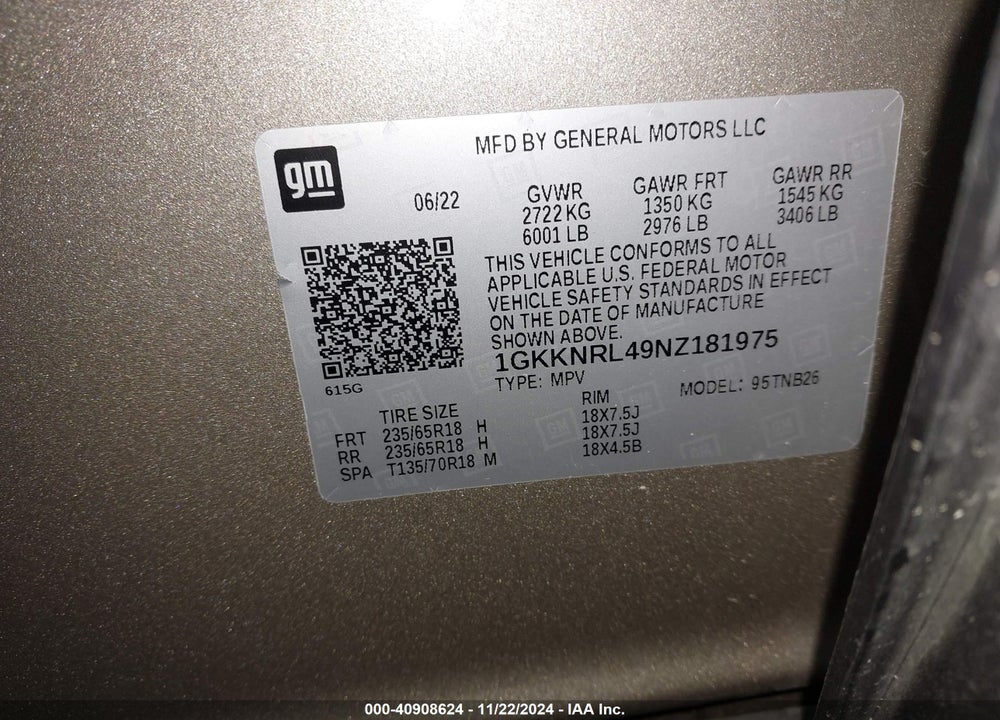 2022 GMC ACADIA AWD SLE VIN: 1GKKNRL49NZ181975