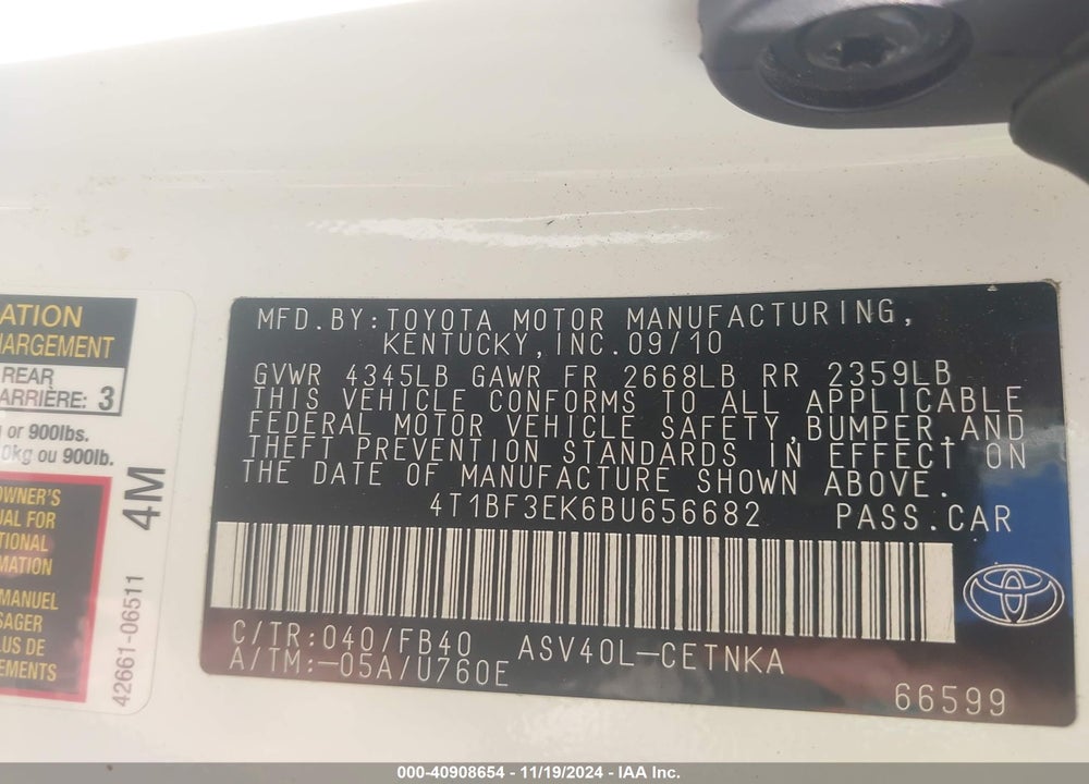 2011 TOYOTA CAMRY LE VIN: 4T1BF3EK6BU656682