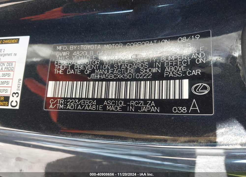 2019 LEXUS RC 300 F-SPORT VIN: JTHHA5BCXK5010222