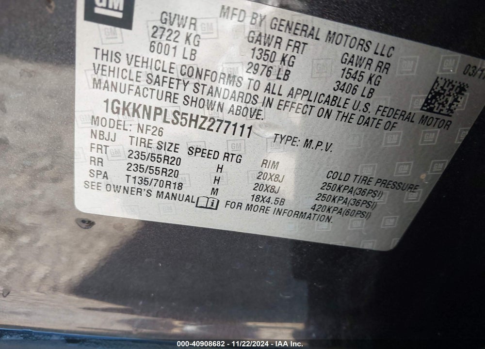 2017 GMC ACADIA DENALI VIN: 1GKKNPLS5HZ277111