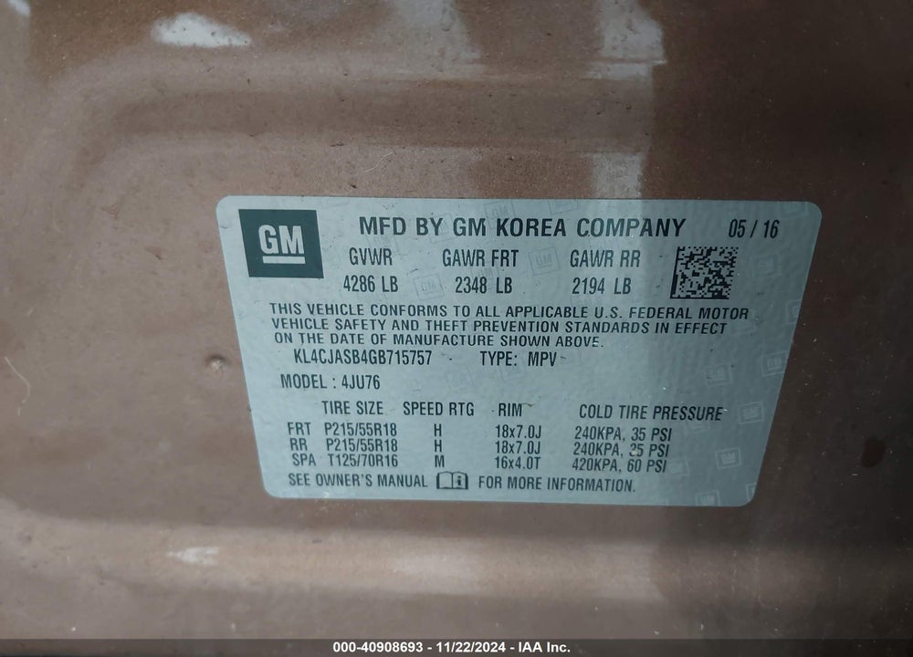 2016 BUICK ENCORE VIN: KL4CJASB4GB715757