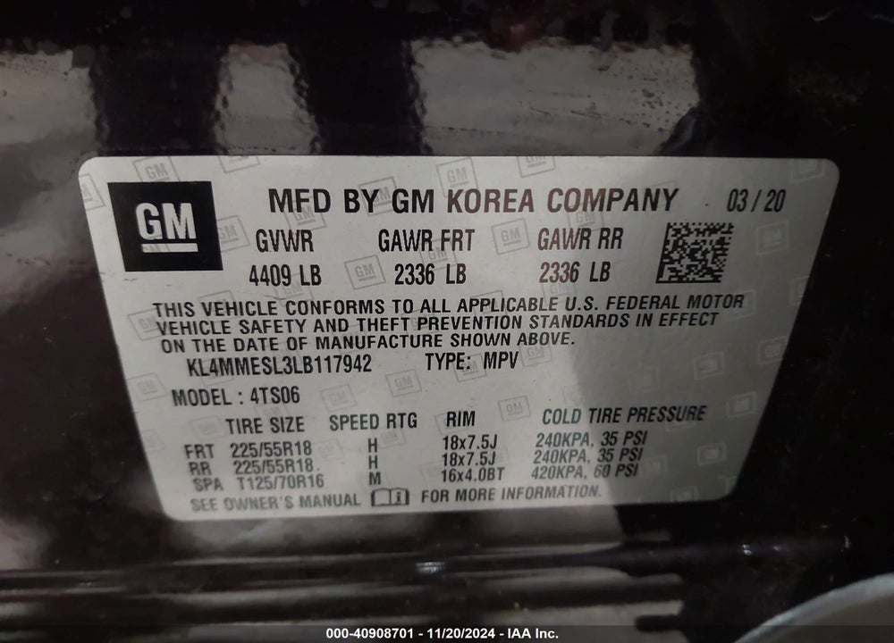 2020 BUICK ENCORE GX AWD SELECT VIN: KL4MMESL3LB117942