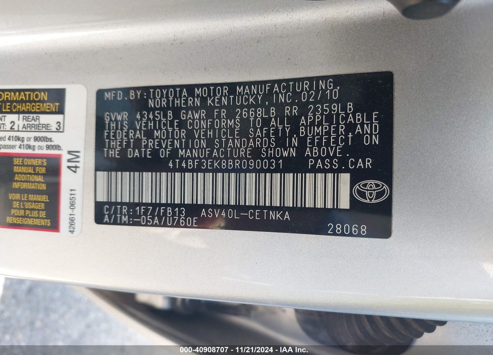 2011 TOYOTA CAMRY LE VIN: 4T4BF3EK8BR090031