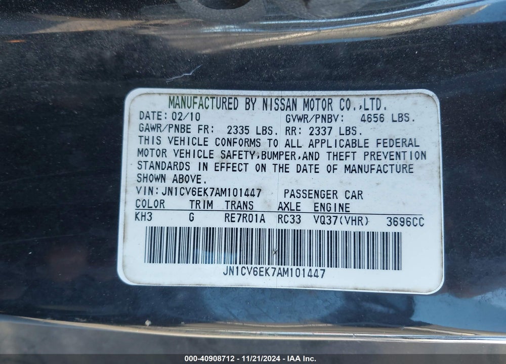 2010 INFINITI G37 JOURNEY VIN: JN1CV6EK7AM101447