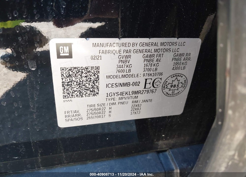 2021 CADILLAC ESCALADE 4WD SPORT VIN: 1GYS4EKL9MR279767