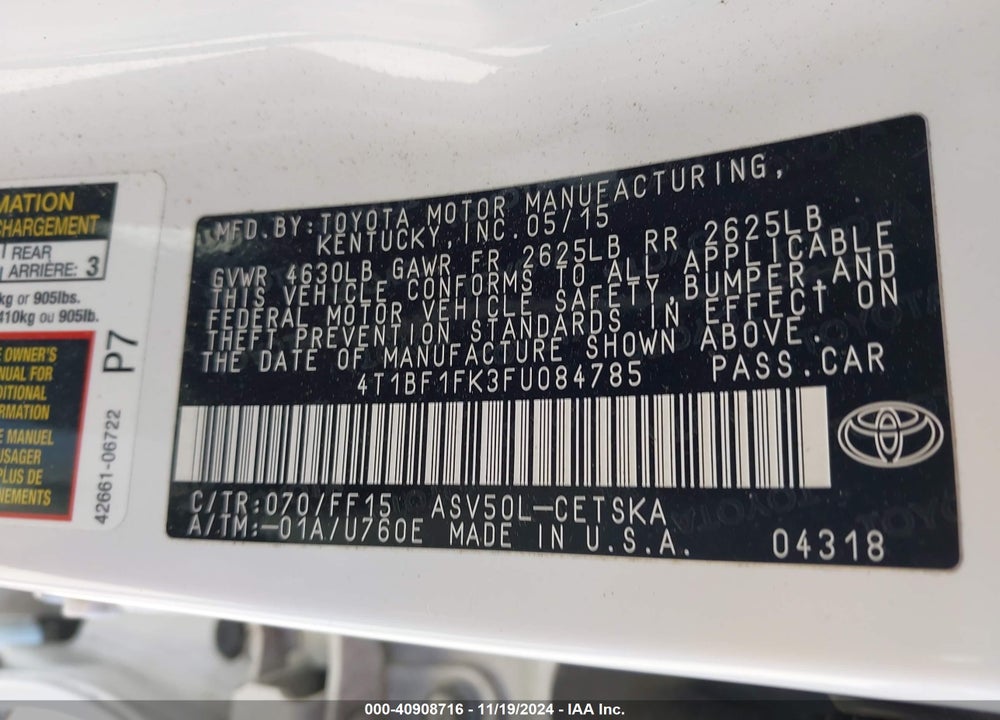 2015 TOYOTA CAMRY SE VIN: 4T1BF1FK3FU084785