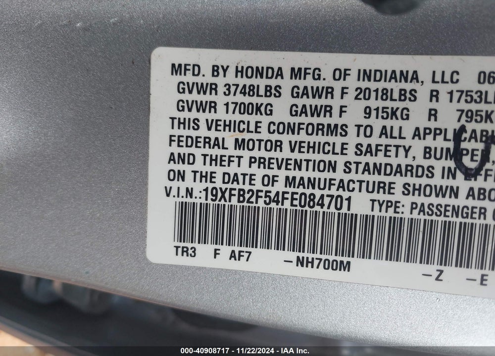 2015 HONDA CIVIC LX VIN: 19XFB2F54FE084701
