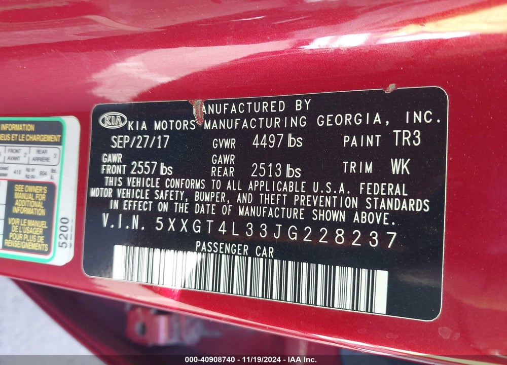 2018 KIA OPTIMA S VIN: 5XXGT4L33JG228237