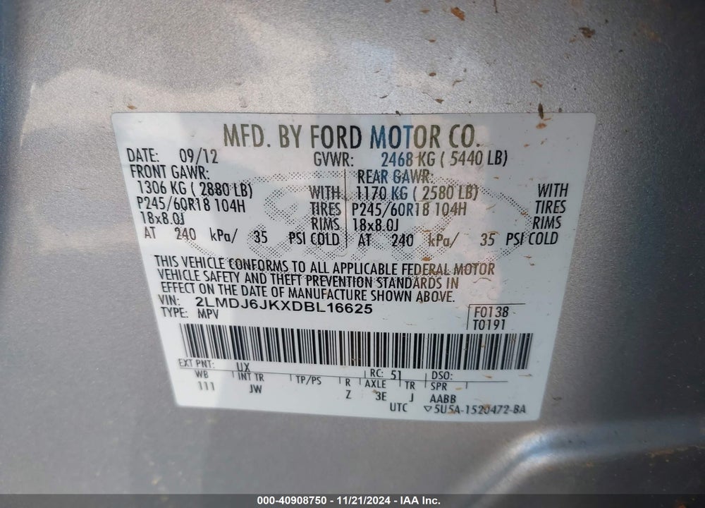 2013 LINCOLN MKX VIN: 2LMDJ6JKXDBL16625
