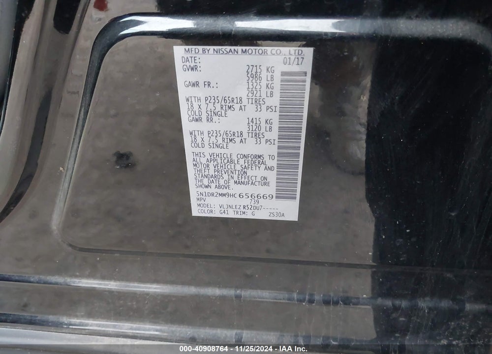 2017 NISSAN PATHFINDER SV VIN: 5N1DR2MM9HC656669