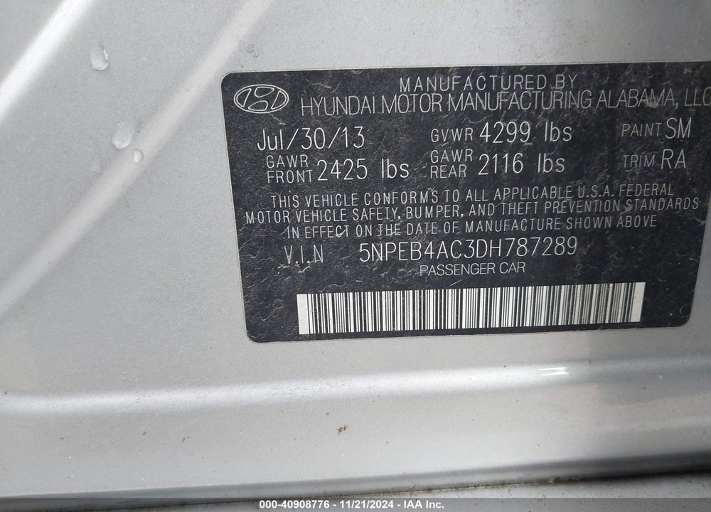 2013 HYUNDAI SONATA GLS VIN: 5NPEB4AC3DH787289