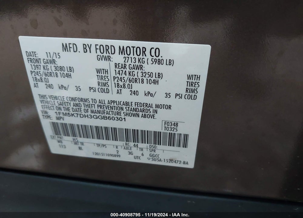 2016 FORD EXPLORER XLT VIN: 1FM5K7DH3GGB60301