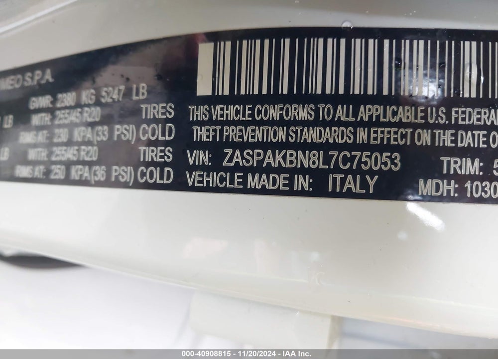 2020 ALFA ROMEO STELVIO TI LUSSO AWD VIN: ZASPAKBN8L7C75053