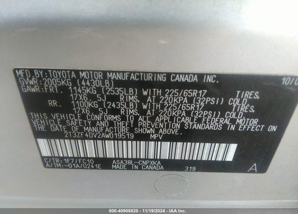 2010 TOYOTA RAV4 VIN: 2T3ZF4DV2AW019519