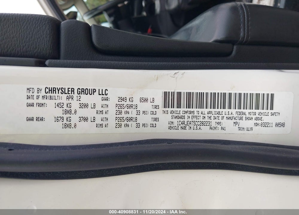 2012 JEEP GRAND CHEROKEE LAREDO VIN: 1C4RJEAT5CC282231