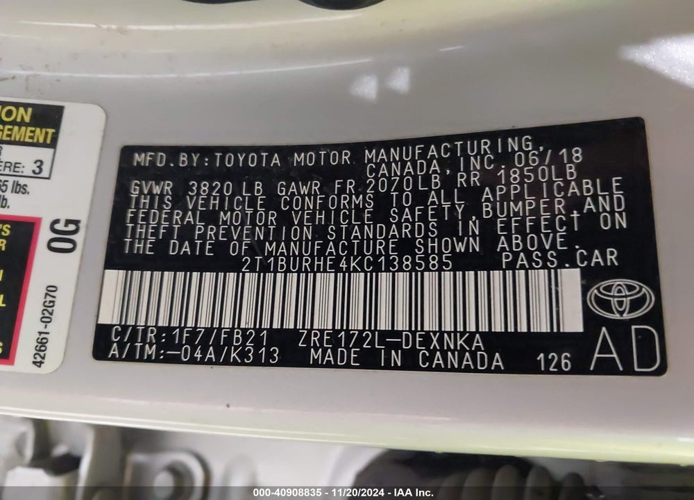 2019 TOYOTA COROLLA LE VIN: 2T1BURHE4KC138585