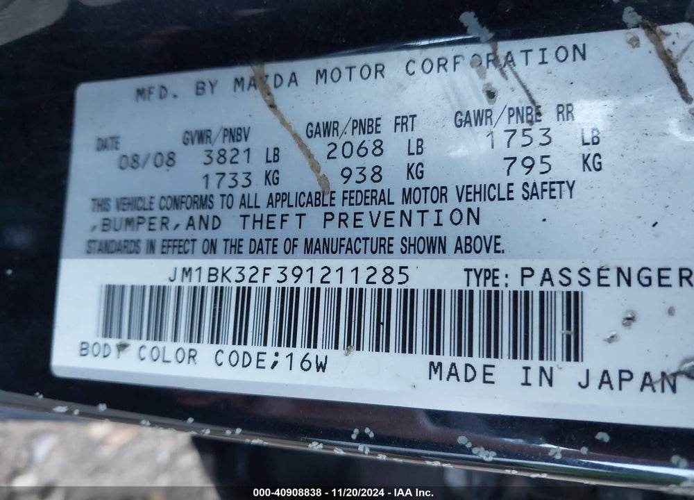 2009 MAZDA 3 I SPORT VIN: JM1BK32F391211285