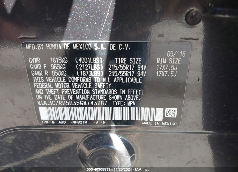 2016 HONDA HR-V LX VIN: 3CZRU5H35GM743987