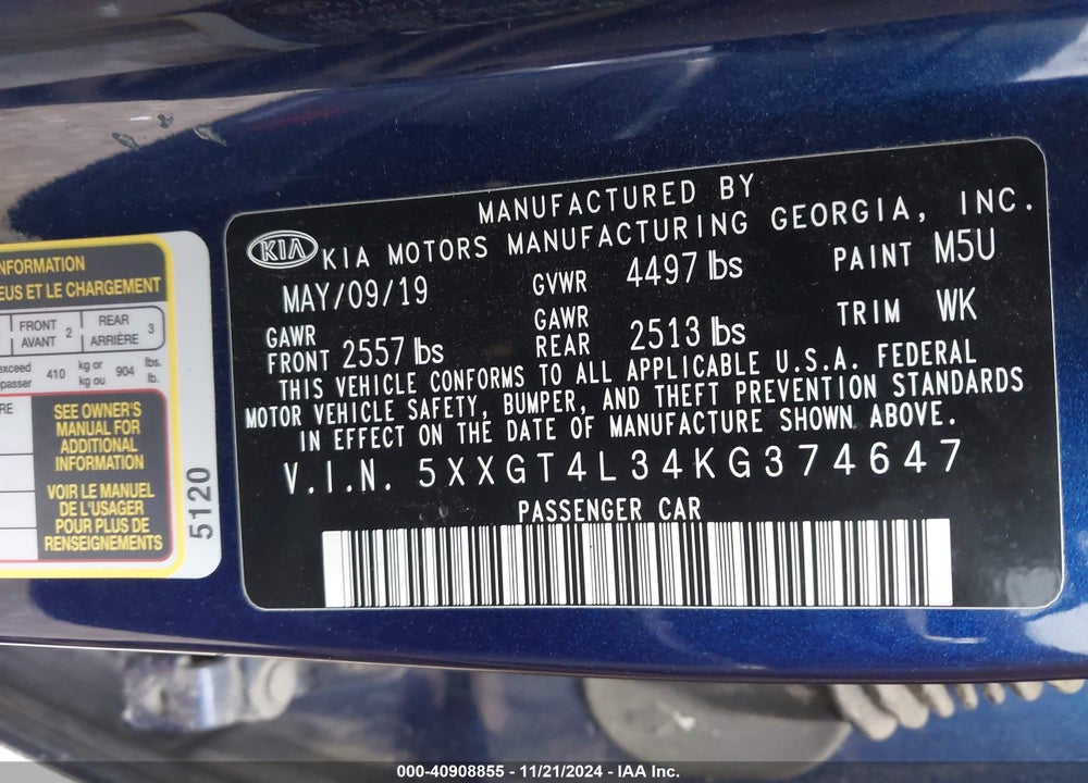 2019 KIA OPTIMA VIN: 5XXGT4L34KG374647