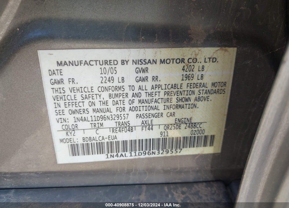 2006 NISSAN ALTIMA 2.5 S VIN: 1N4AL11D96N329557