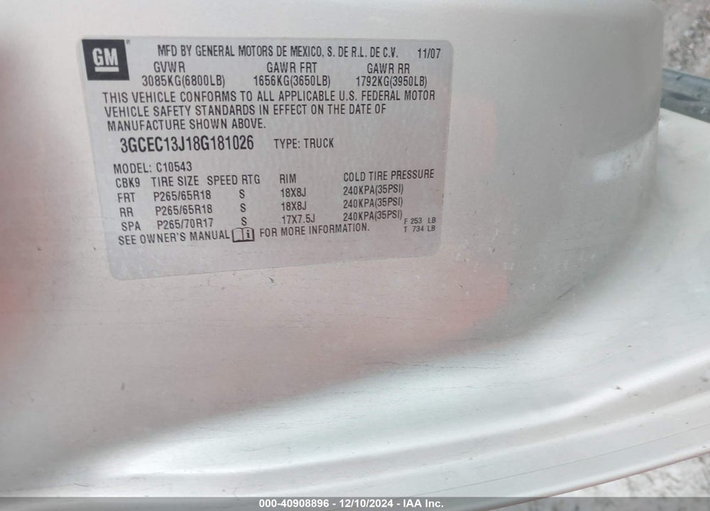2008 CHEVROLET SILVERADO 1500 LT2 VIN: 3GCEC13J18G181026