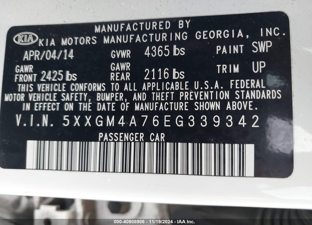 2014 KIA OPTIMA LX VIN: 5XXGM4A76EG339342