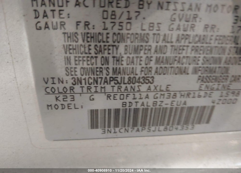 2018 NISSAN VERSA VIN: 3N1CN7AP5JL804353