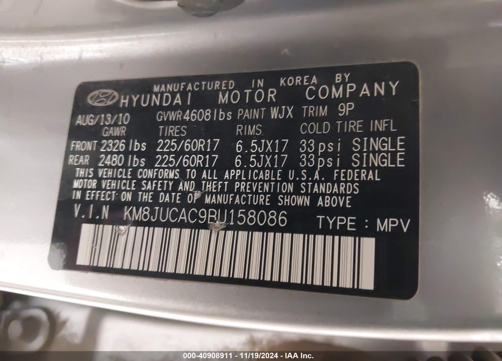 2011 HYUNDAI TUCSON GLS VIN: KM8JUCAC9BU158086