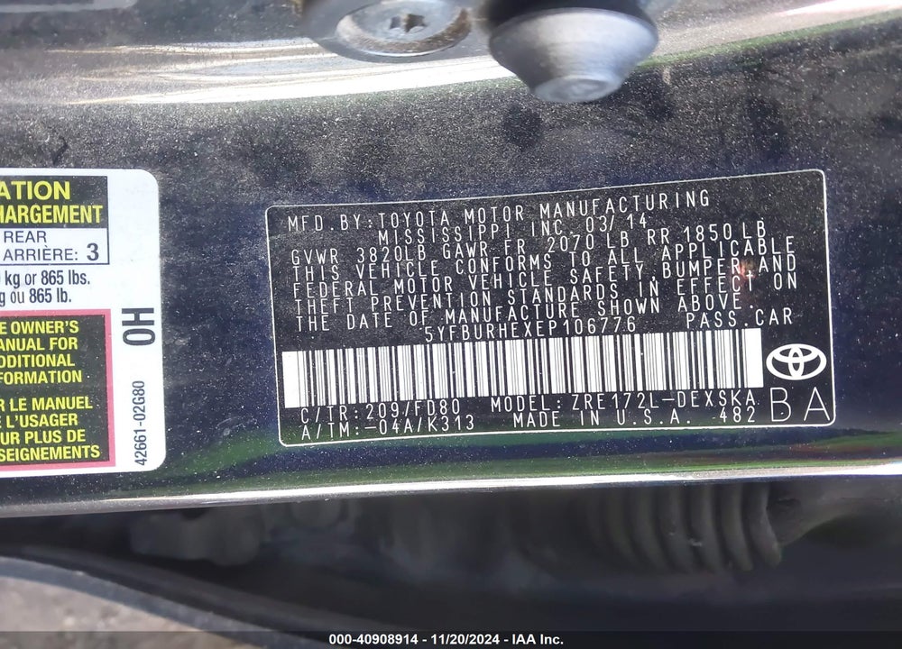 2014 TOYOTA COROLLA S PLUS VIN: 5YFBURHEXEP106776