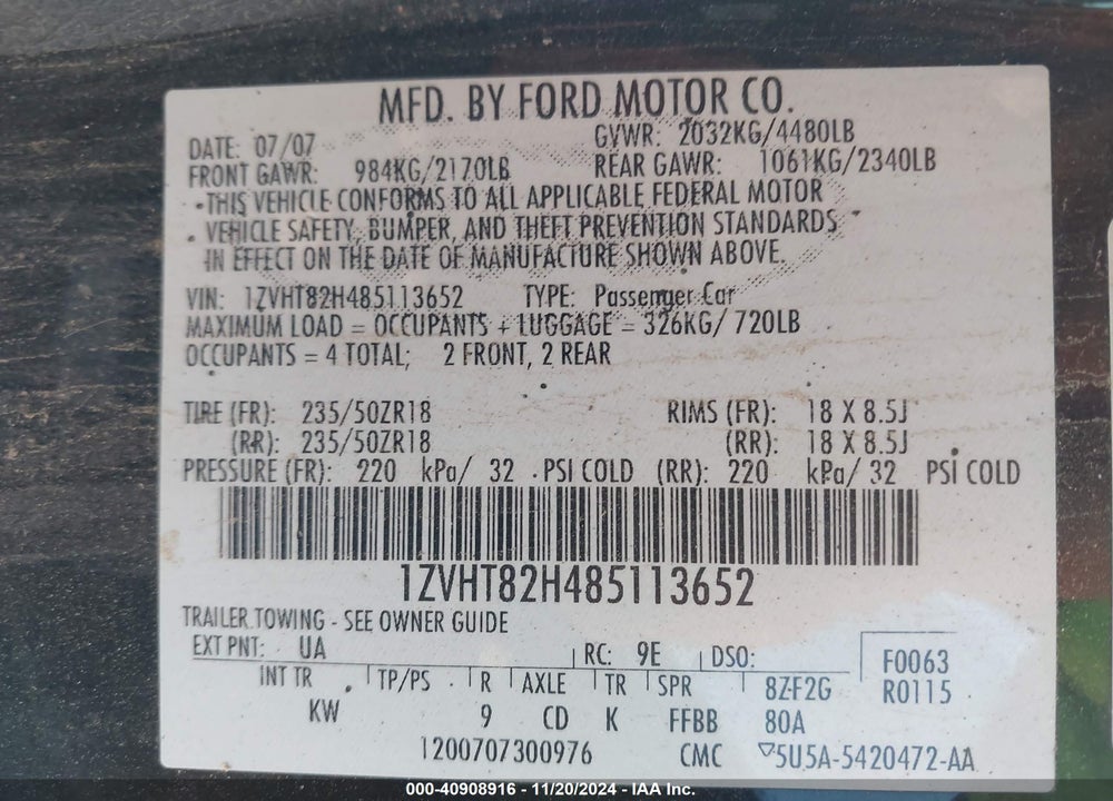 2008 FORD MUSTANG GT DELUXE/GT PREMIUM VIN: 1ZVHT82H485113652