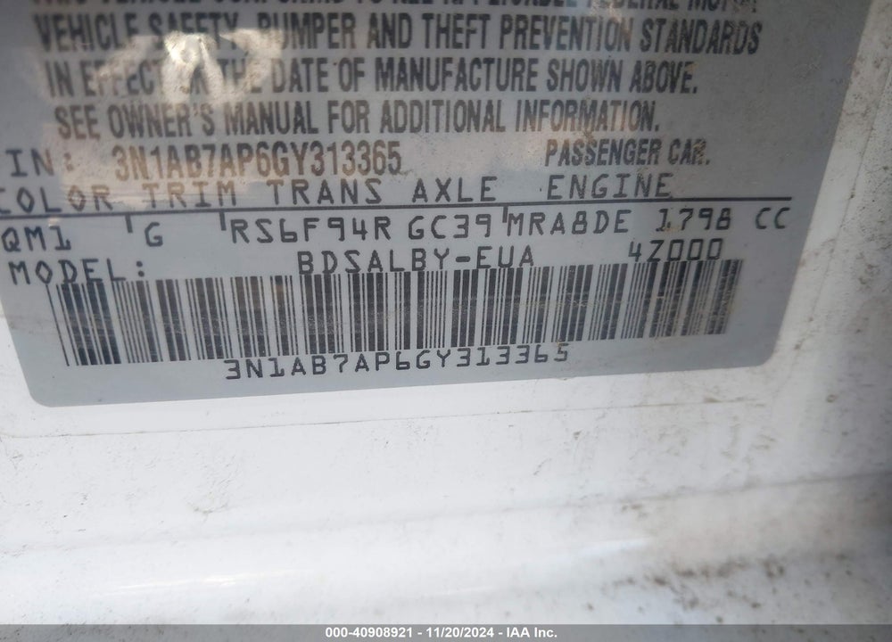 2016 NISSAN SENTRA S VIN: 3N1AB7AP6GY313365