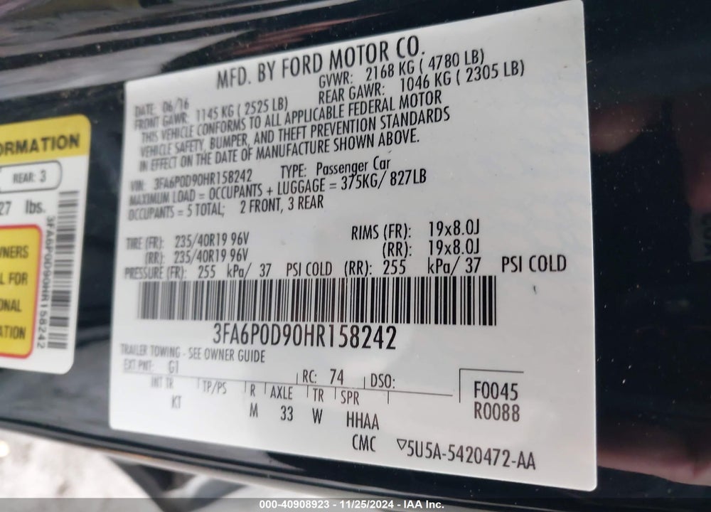 2017 FORD FUSION TITANIUM VIN: 3FA6P0D90HR158242