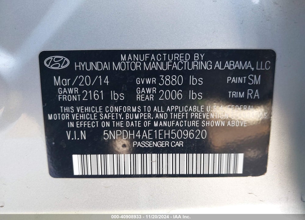 2014 HYUNDAI ELANTRA SE VIN: 5NPDH4AE1EH509620
